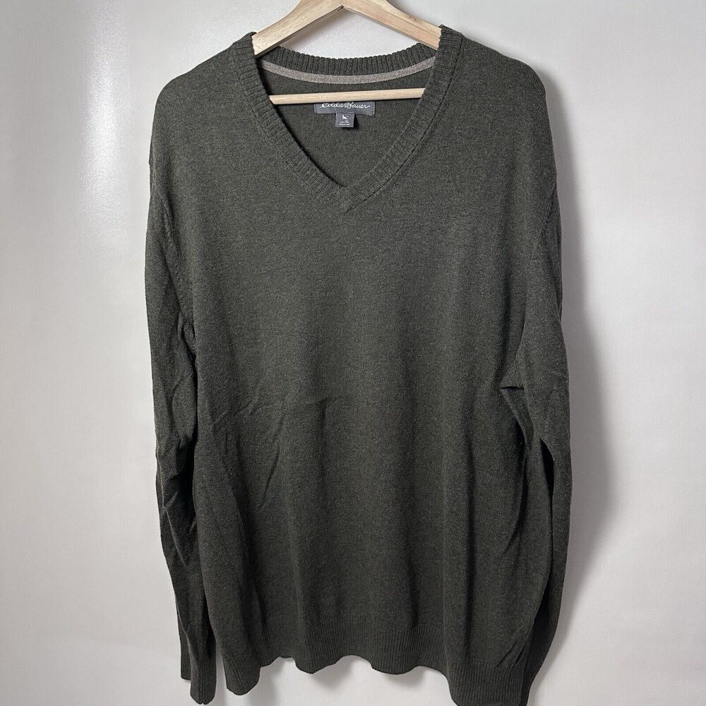 Eddie Bauer Sweater Merino Wool Green Pullover V Neck Preppy Office Fall XL
